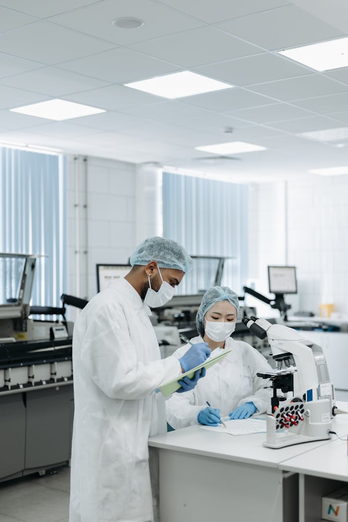 Researchers in protective gear working on a microscope in a laboratory, showcasing modern scientific research.