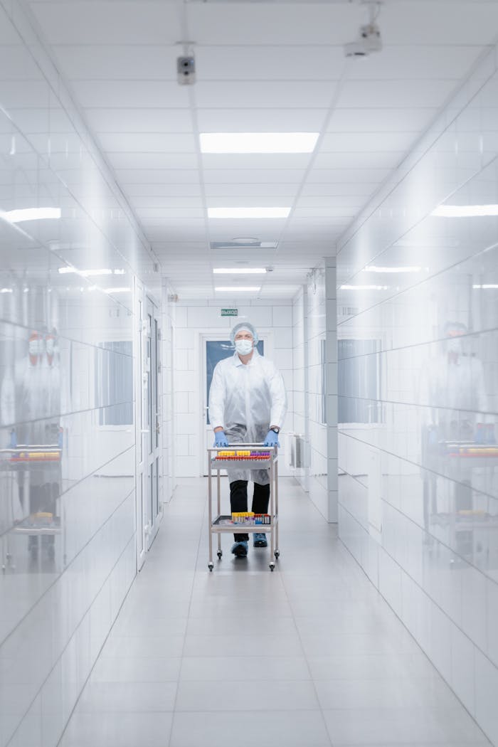 Scientist in protective clothing walking with cart in a sterile laboratory corridor.